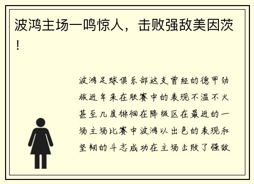 波鸿主场一鸣惊人，击败强敌美因茨！